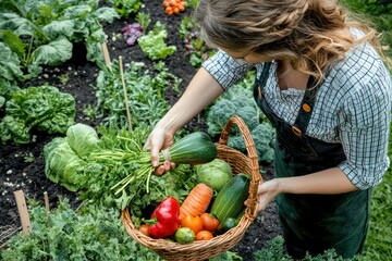 A woman gathering fresh vegetables from a small organic garden, holding a basket