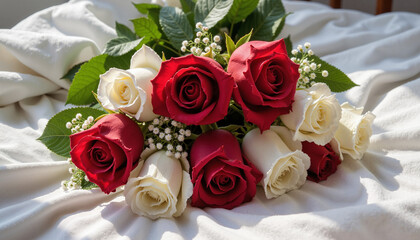 Romantic bouquet of red and white roses with gentle mood on soft fabric background for Valentine&rsquo;s Day