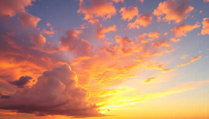 Panoramic beautiful colorful golden hour twilight sky. Beautiful cloud and sky nature background in magic hour. Amazing colorful sky and dramatic sunset evening sky isolated with white highlights, p