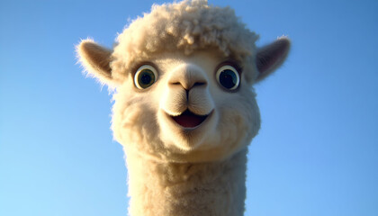 Obraz premium Delightful close-up of a fluffy alpaca against a vibrant blue sky, showcasing its expressive, joyful face.