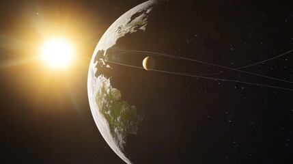 Earth axis diagram illustration showing the tilt of the Earth's rotational axis relative to its orbital plane, explaining the cause of seasonal changes and the distribution of sunlight.