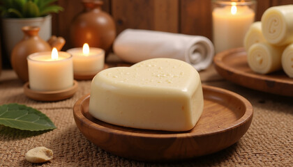 Elegant heart-shaped soap on a wooden plate surrounded by candles for a romantic Valentine's Day gift