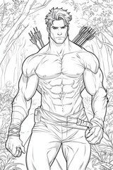 Muscular male archer with confident expression, surrounded by lush greenery in a forest setting.