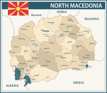 North Macedonia Map Vector Vintage Dark Blue Beige - Customizable layered political map of North Macedonia with administrative divisions for website, education, reports, news, politics, print, poster