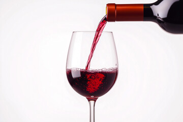 Red wine, pouring from a bottle into a glass, on a transparent background. A file with a clipping, white background. for advertising.