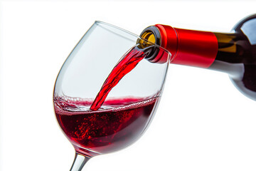 Red wine, pouring from a bottle into a glass, on a transparent background. A file with a clipping, white background. for advertising.