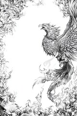 A fierce black and white illustration of a phoenix rising from the flames, showcasing intricate details and dynamic movement.