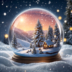 Winter Snow Globe with Wood Cabin in the Forest as Sunset / Twilight, Christmas Themed, Surrounded by Snowy Forest Scene