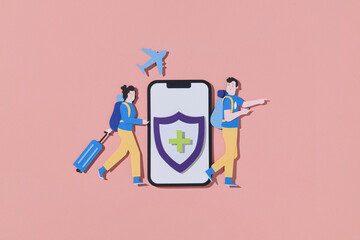 Travelers with Smartphone and Insurance Shield on Pink Background