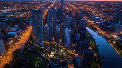 Dusk Serenity: Aerial Panorama of Chicago's Vibrant Skyline Illuminated at Night