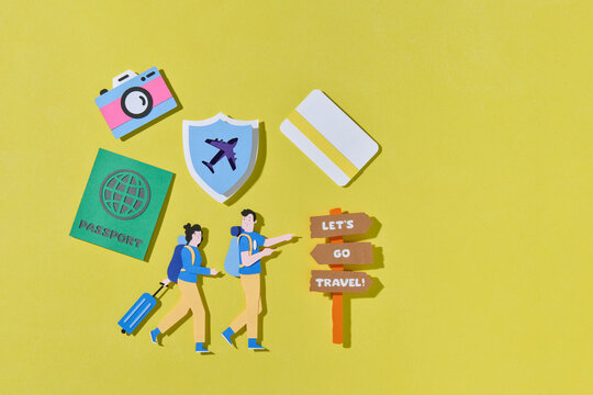Colorful Paper Cutout Travel Elements On Yellow Background