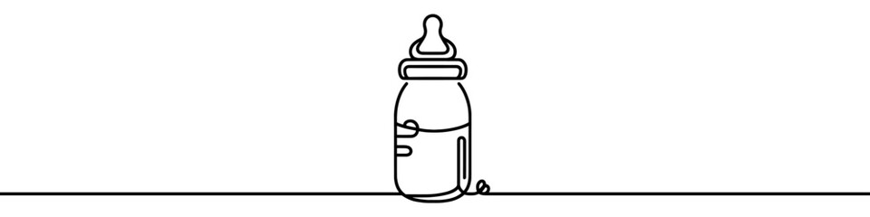 One continuous line illustration of a baby bottle, isolated on white background. Line art of baby bottle