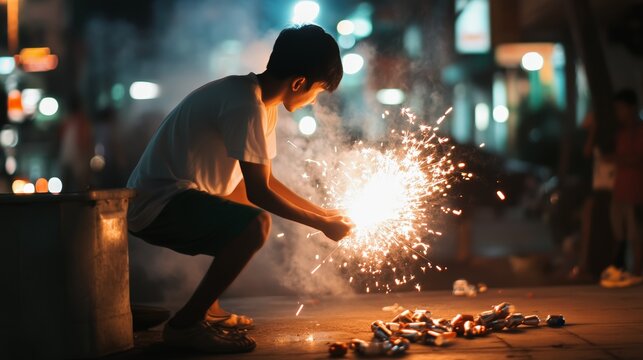 Young boy enjoys sparklers during festive celebration at night in vibrant city street