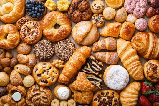 Assorted Breakfast Treats: A Delightsome Display of Pastries Including Croissants and Danish in a Cozy Bake Setting