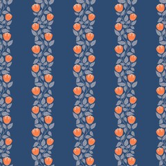 Seamless minimalistic floral pattern with orange flowers and grey leaves on the dark grey background. Perfect for textile, fabric, backdrop, wall hanging, wrapping, design paper, home decoration