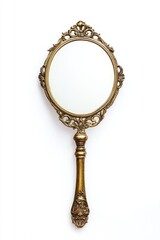 Ornate Golden Hand Mirror. Vintage Decorative Piece Isolated on White Background, Perfect for Magic Reflections