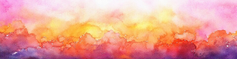 Obraz premium Vibrant Watercolor Sunset Sky with Fluffy Clouds in Lively Orange and Pink Hues