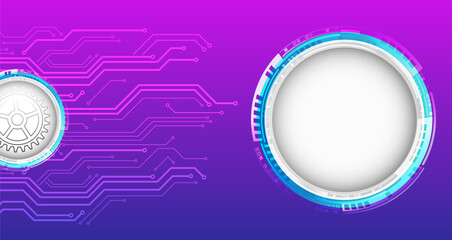 Obraz premium Hi-tech computer digital technology concept. Wide purple background with various technological elements. Abstract circle and circuit board technology communication, vector illustration.