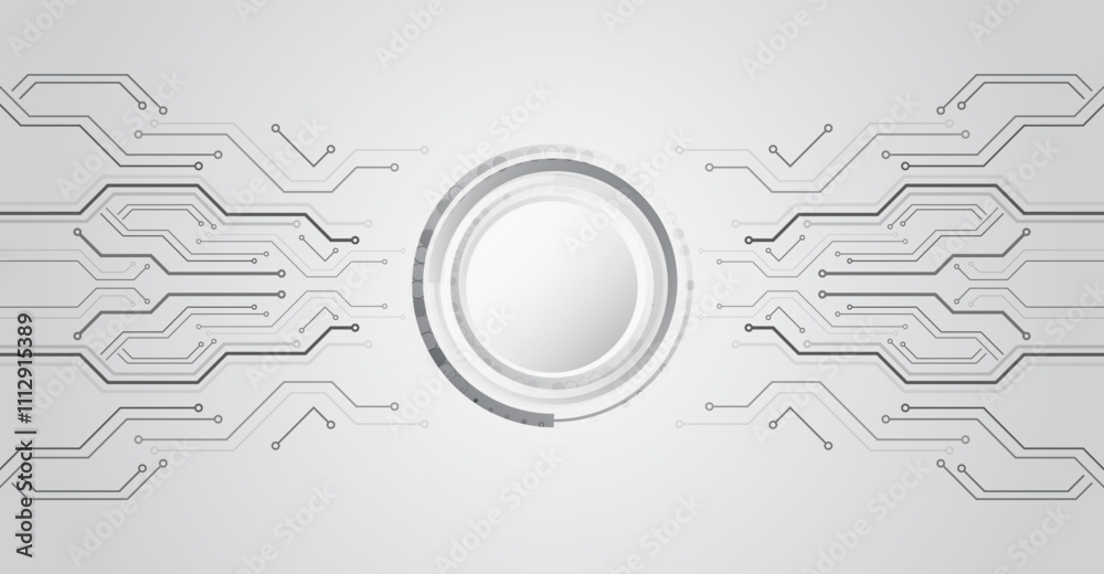 Poster Wide Cyber security internet and networking concept. Hi-tech vector illustration with various technology elements. Abstract global sci-fi concept. Digital internet communication on grey background.