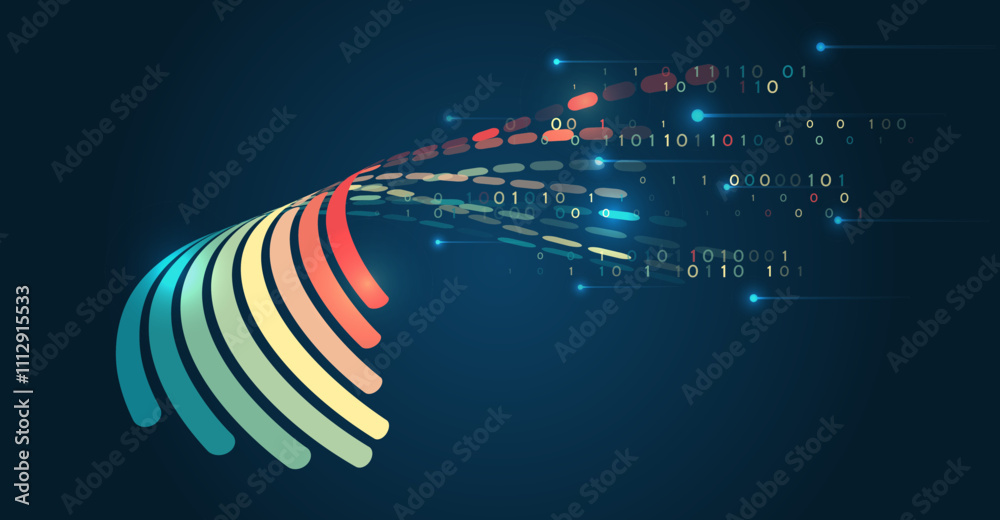 Poster Visualization of a large amount of data. Abstract transformation of information. Processing sorting data fragmentation. Business analytics. The flow of information in the form of waves and particles.