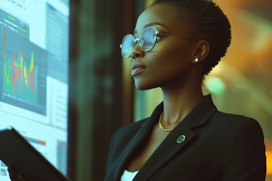Businesswoman in suit with tablet computer working on virtual screen with graphs and charts