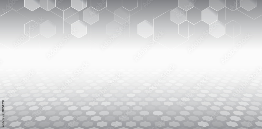 Poster Wide Sci-fi template with polygons. Futuristic illustration. Abstract hexagon science on the grey background. Hi-tech digital technology and engineering concept.