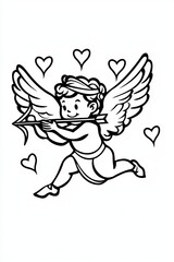 Cute cartoon angel character flying with a bow and arrow, surrounded by hearts.