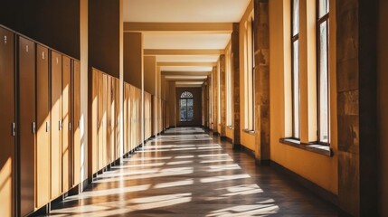 Fototapeta premium Empty school hallway, a silent testament to the passage of time and the fleeting nature of youth, where memories of laughter and learning linger in the air, waiting to be rediscovered.
