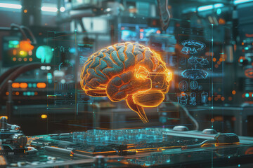 Orange genius brain creates nerves in the lab with a holographic screen and scientific equipment.