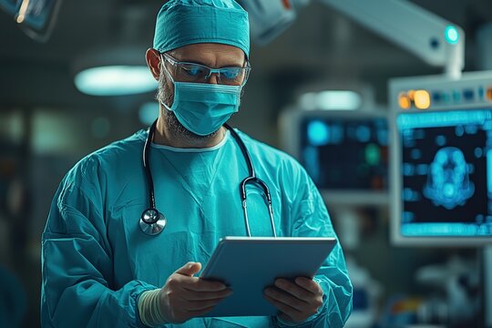 Doctor using digital tablet and checking patient test results