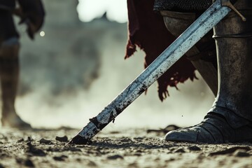 Captured in a dramatic angle, a warrior's sword is firmly planted into sandy terrain, portraying the aftermath of a fierce battle in a timeless setting.