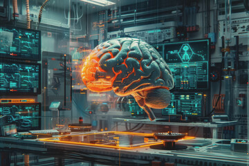 Obraz premium Orange genius brain creates nerves in the lab with a holographic screen and scientific equipment.