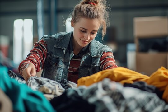Volunteers sorting out clothes in donation center