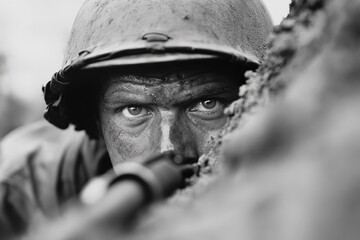 A soldier, covered in mud and wearing a helmet, peers through the brush, highlighting the focus and intensity of a military operation in a war-torn environment.
