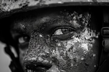 An intense black and white close-up of a soldier's face, marked by mud and grit, capturing the essence of focus and resolve amidst the chaos of battle.