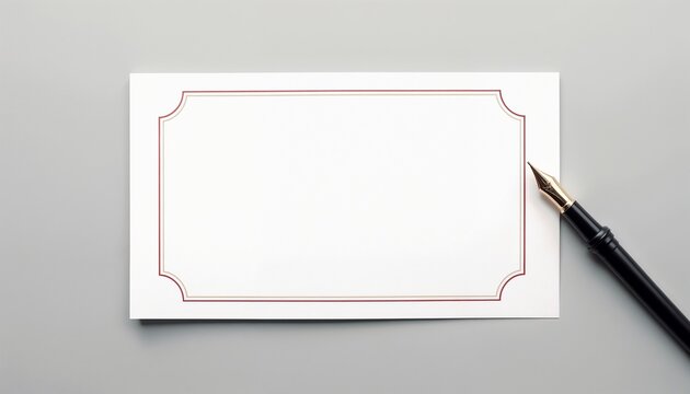Blank certificate with matte white finish and red border on gray surface with fountain pen mockup