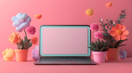Laptop Mockup with Vibrant Flowers for Creative Projects, AI GENERATIVE 
