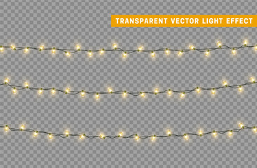 Christmas lights garlands. Festive design elements. Celebrate realistic object. Holiday Xmas Decor. New Year light effects isolated. Vector illustration.
