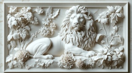 White marble lion bas-relief sculpture surrounded by flowers.