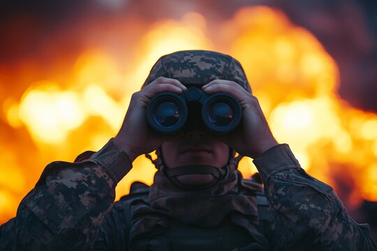 A soldier in camouflage gear uses binoculars to observe a distant fiery explosion, showcasing readiness and focus in a tense atmosphere of war and conflict.
