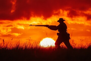 Silhouetted against a fiery sunset, a cowboy aims his rifle, capturing a moment of tension and focus that embodies the essence of adventure in the wild west.