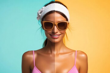 Fototapeta premium Transformative Tanning Journey: Stunning Before & After of a Caucasian Woman Achieving a Gorgeous Brown Glow with Cosmetic Lotion