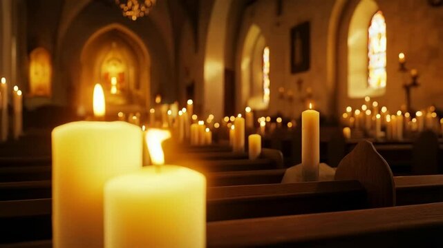 Burning candles in church background. Religious ceremony in traditional cathedral interior. Christian faith. Worship and praying
