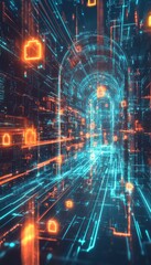 Obraz premium Futuristic Data Encryption with Glowing Locks in a Secure Digital Network Design