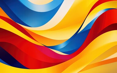 Obraz premium A colorful abstract pattern featuring curved ribbons of bright red, yellow, and blue blending dynamically
