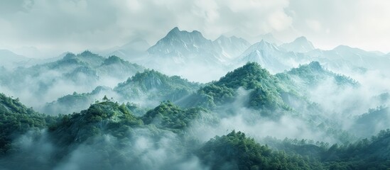 Breathtaking panoramic view of a majestic misty mountain landscape with lush verdant forested valleys and peaks shrouded in atmospheric fog and mist creating a captivating moody