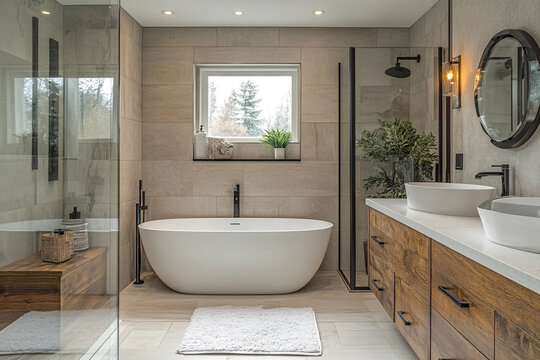 Modern Bathroom Design Featuring Freestanding Tub And Double Sinks