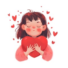 Cute cartoon girl hugging red heart with floating hearts, vertical, perfect for Valentine's Day content, love messages, social media posts, greeting cards, children's illustrations and romantic celebr