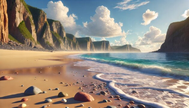 Ocean waves gently rolling onto a secluded beach at sunrise