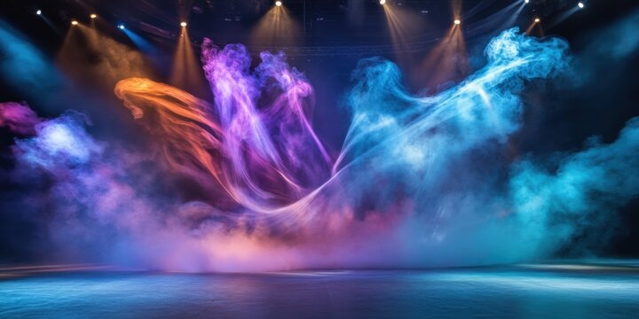 A kaleidoscopic display of vibrant smoke swirling dynamically around an arena stage, accentuated by intricate spotlight arrangements, immersed in an ethereal concert ambiance